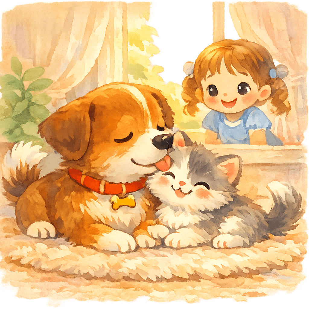 Тобик и котёнок помирились и стали друзьями