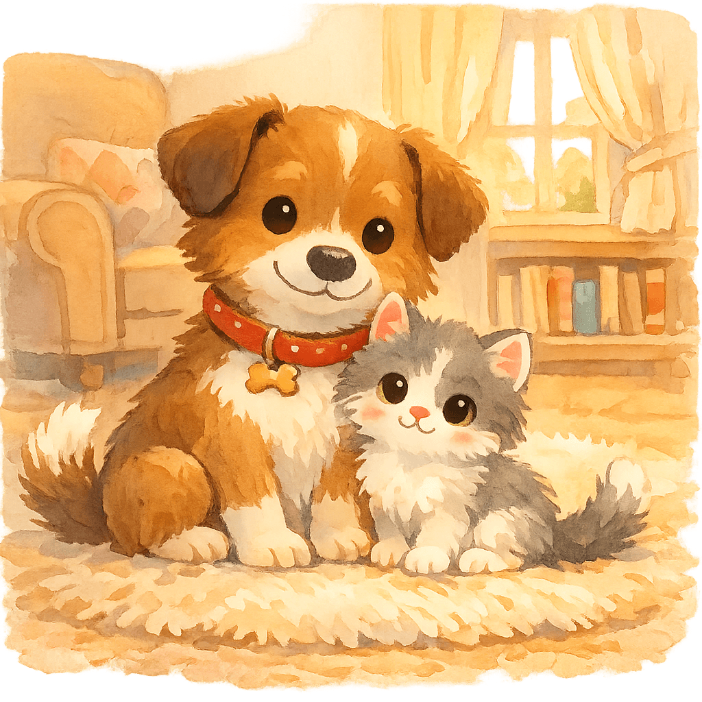 Пёсик Тобик и котёнок сидят вместе в уютной комнате