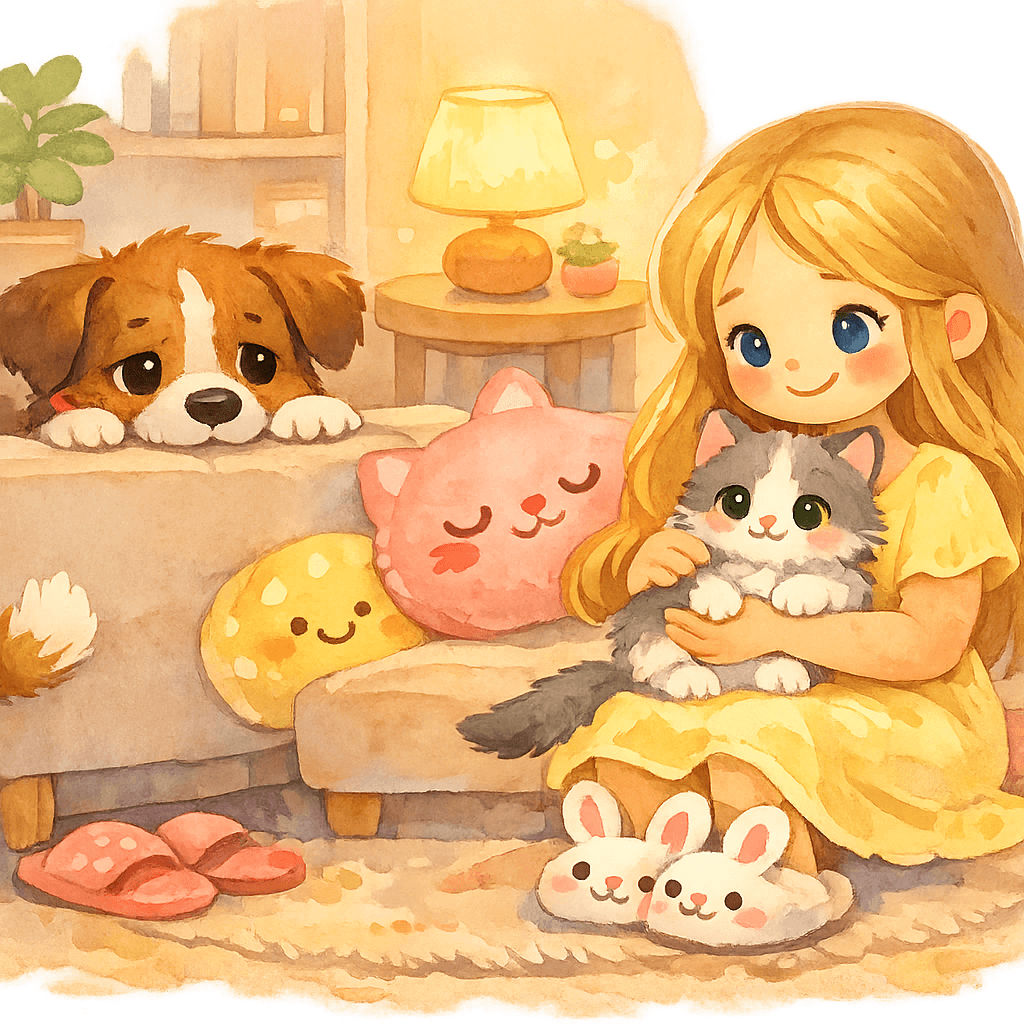 Грустный Тобик наблюдает за хозяйкой и котёнком