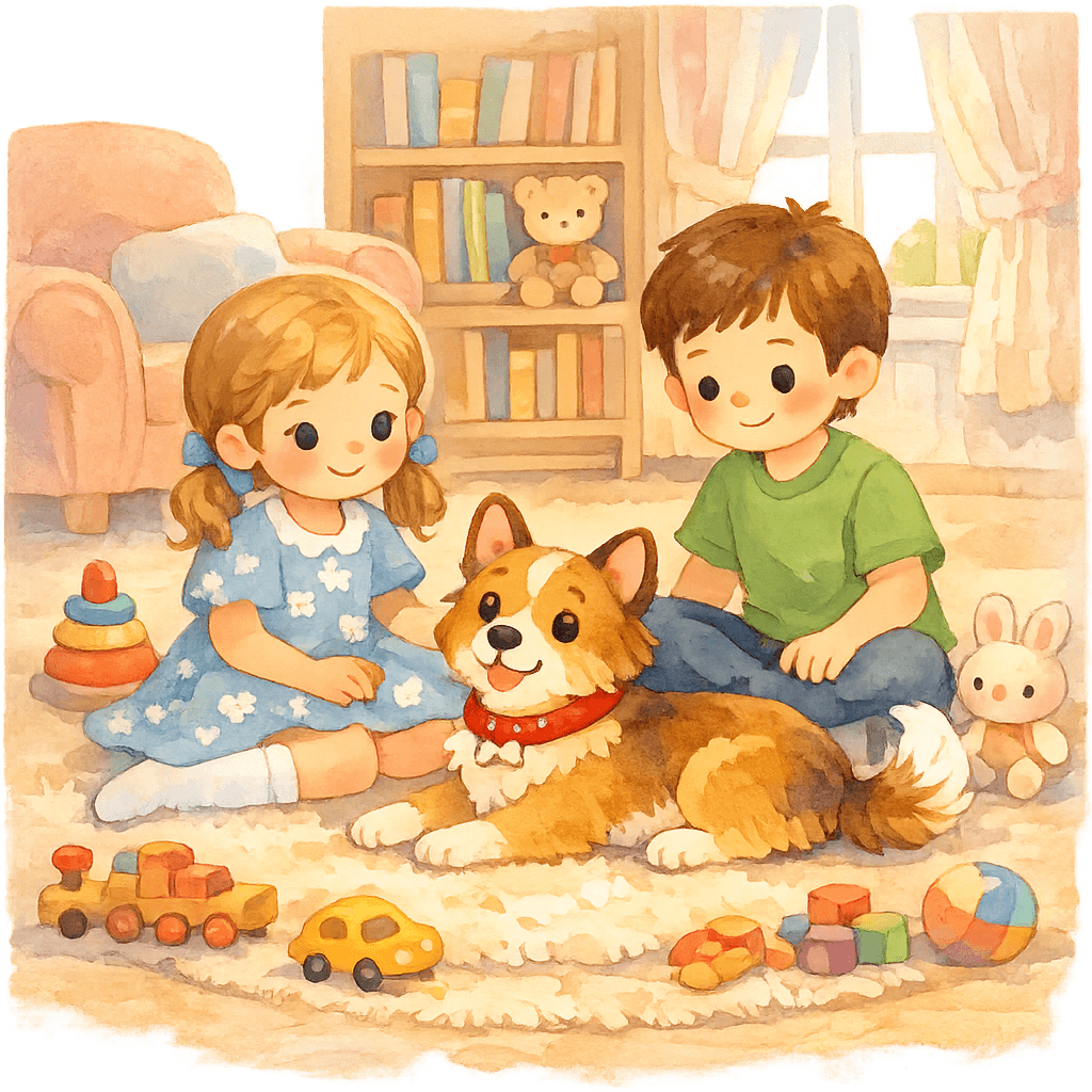 Тобик лежит на ковре с детьми в уютной комнате