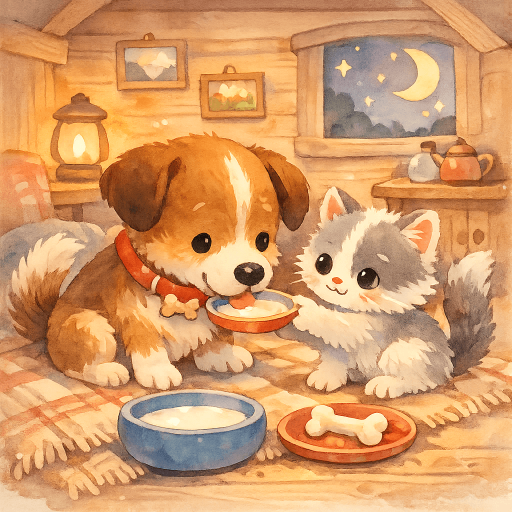 Котёнок угощает Тобика в уютном домике