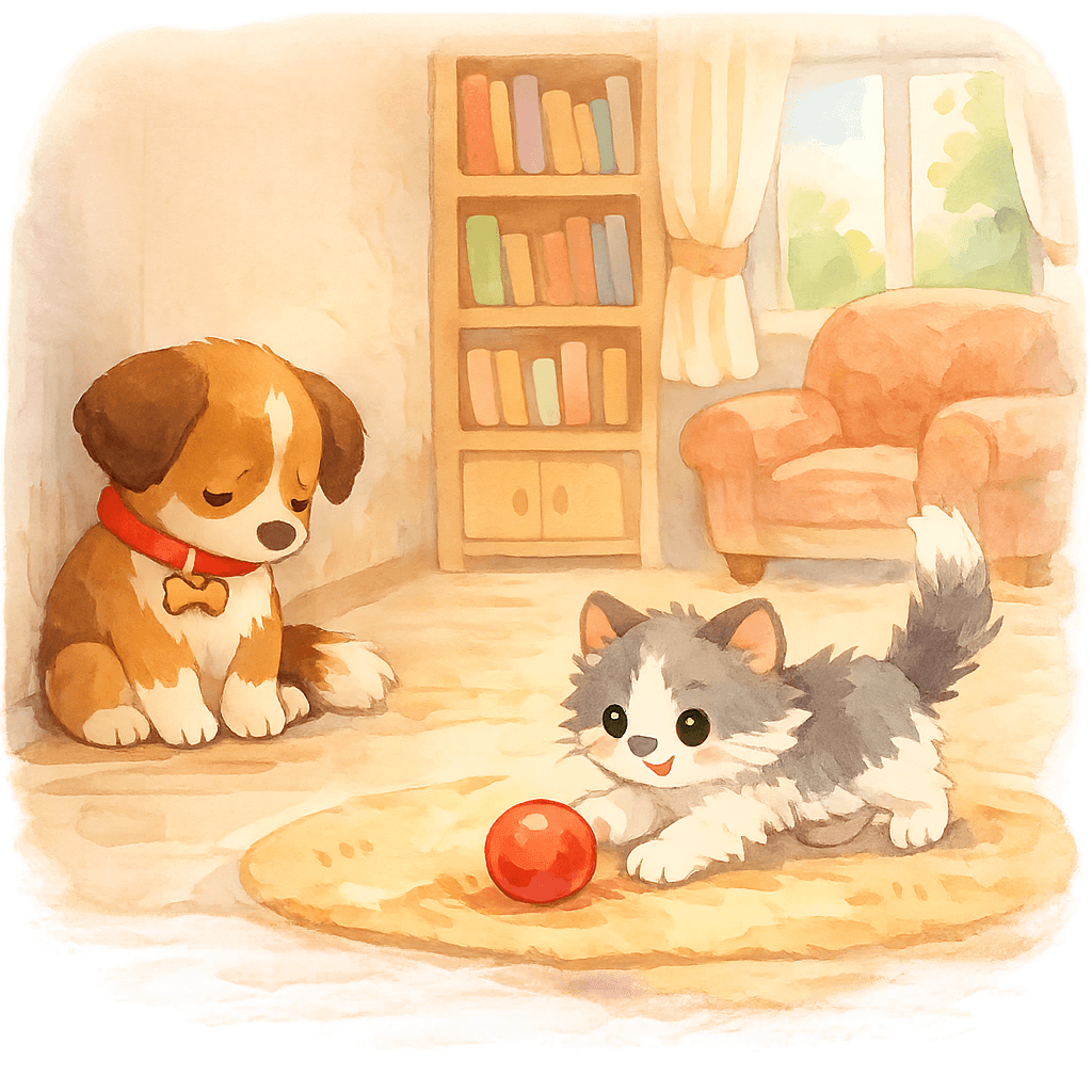 Тобик наблюдает, как котёнок играет с его мячиком