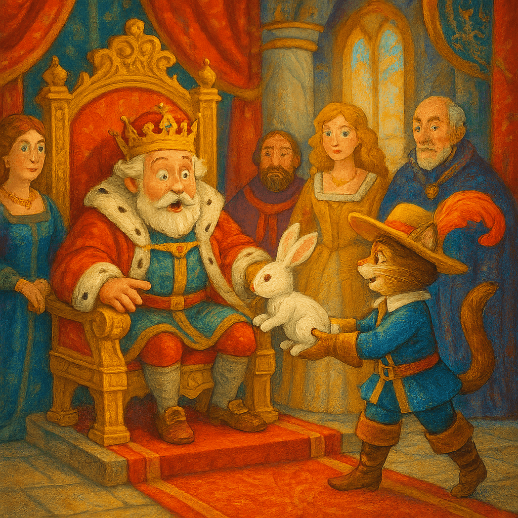 Кот в сапогах вручает кролика королю