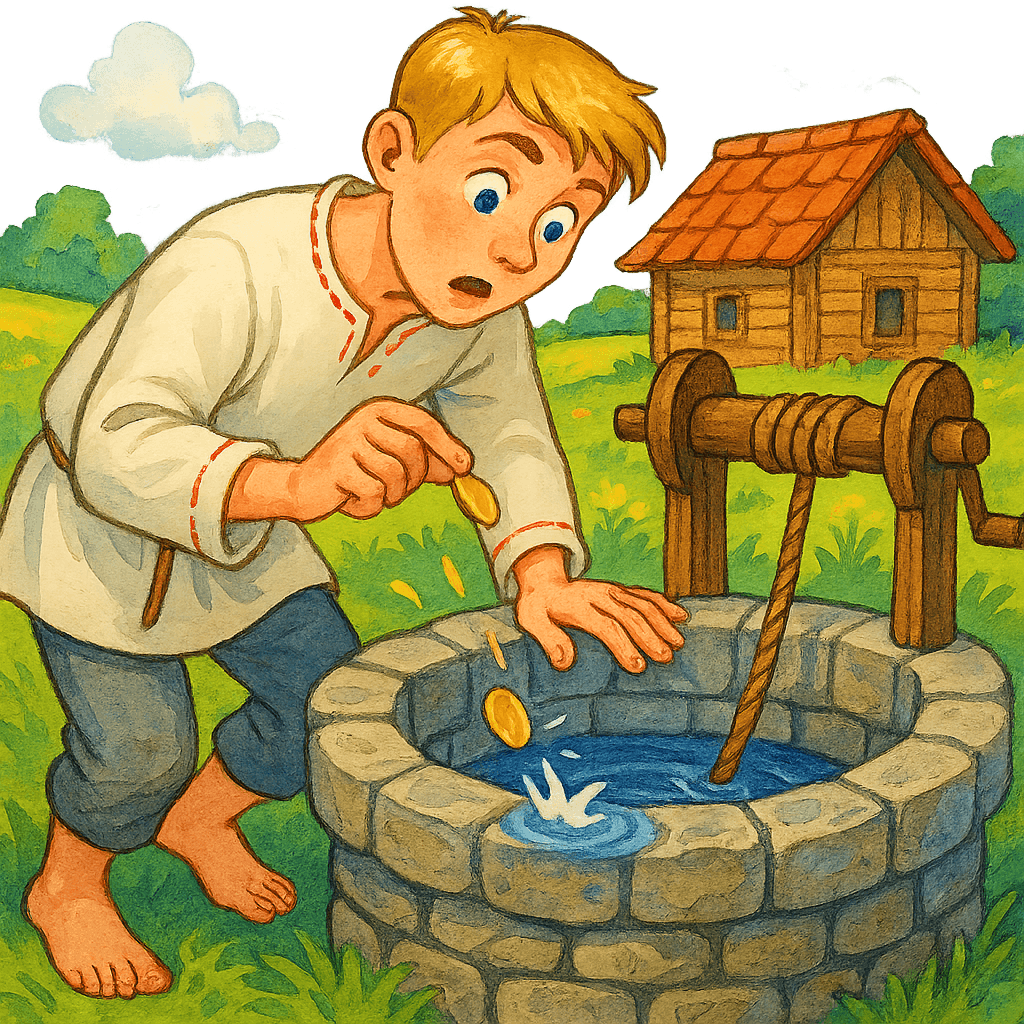 Работник роняет монетку в колодец на лугу