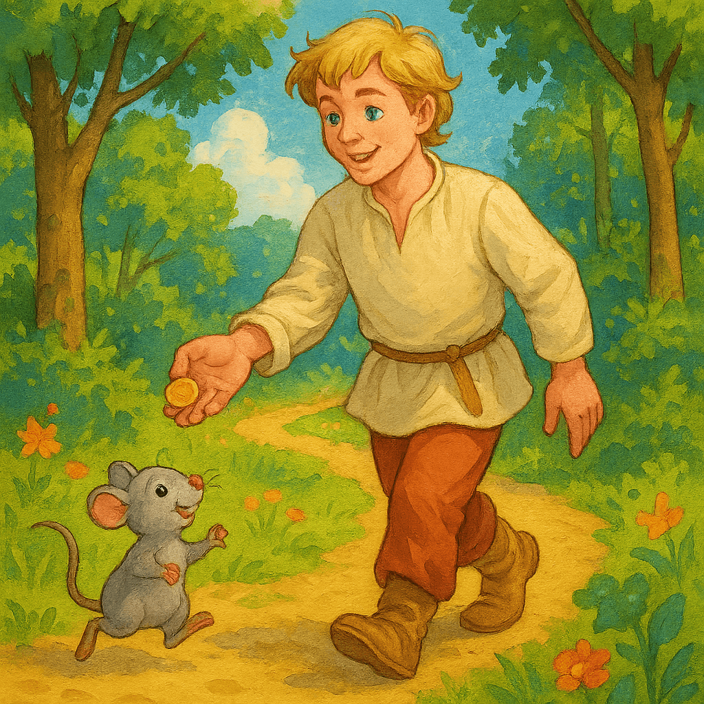 Работник дает денежку веселой мышке в лесу