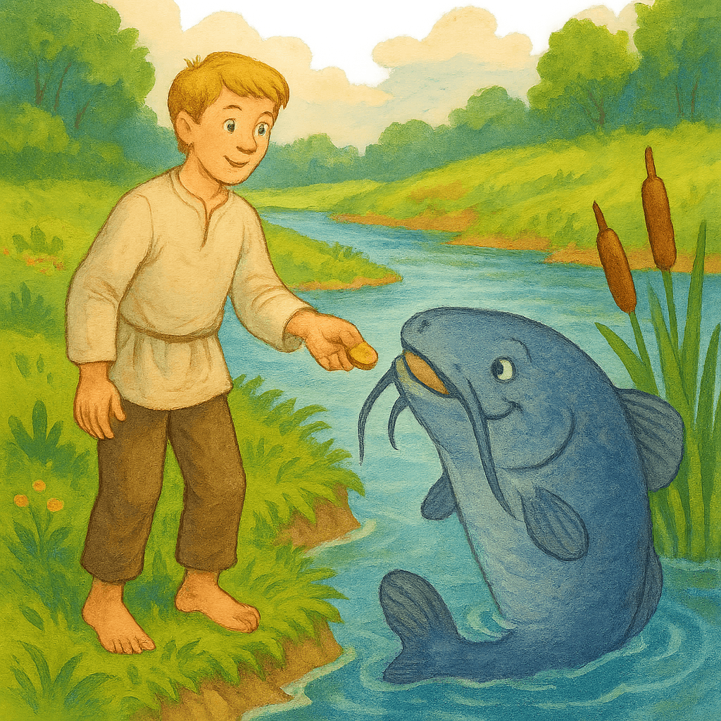 Работник дает денежку большому сому у реки