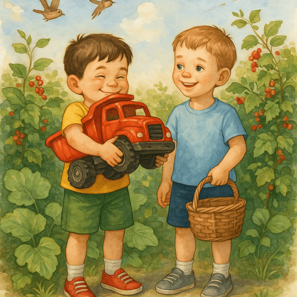 Саша обнимает найденный красный грузовик и обещает больше его не терять