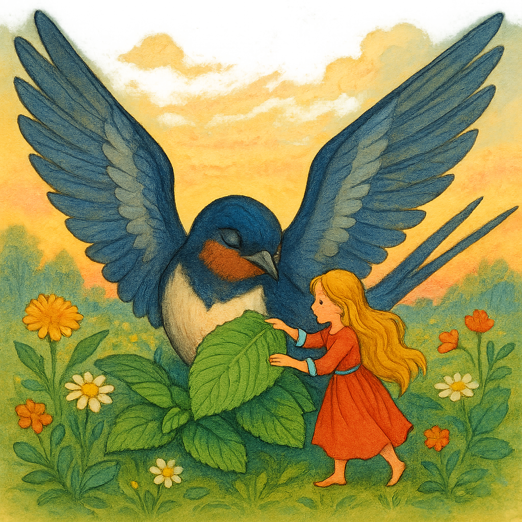 Ласточка оживает, Дюймовочка заботится о ней.