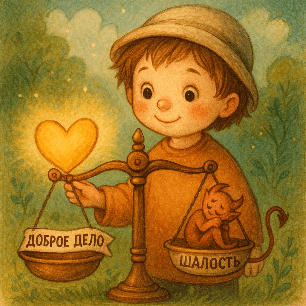 Ребёнок с весами, на одной — доброе дело, на другой — шалость, весы перевешивают в сторону добра, добрый детский стиль.