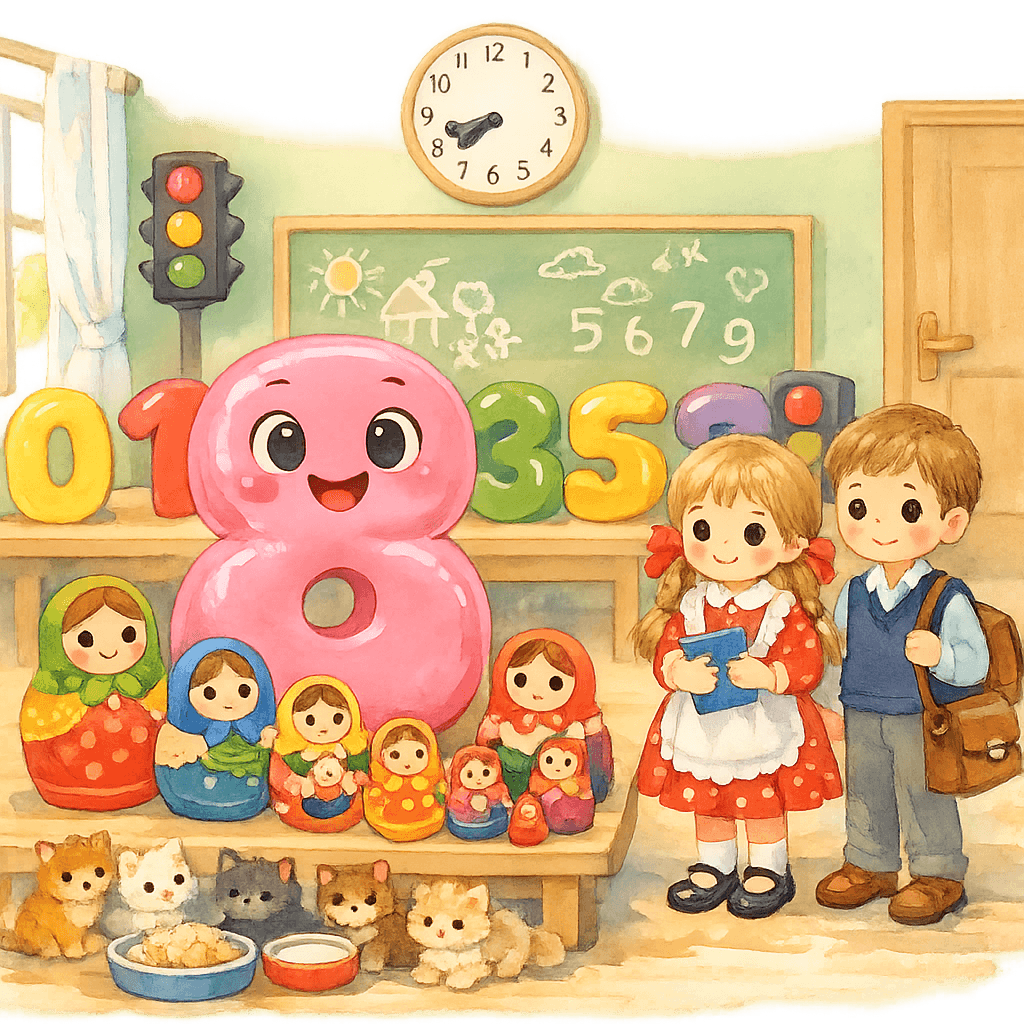Розовая цифра 8 среди восьми расписных матрёшек на столе в светлой классной комнате, рядом мальчик и девочка наблюдают за куклами