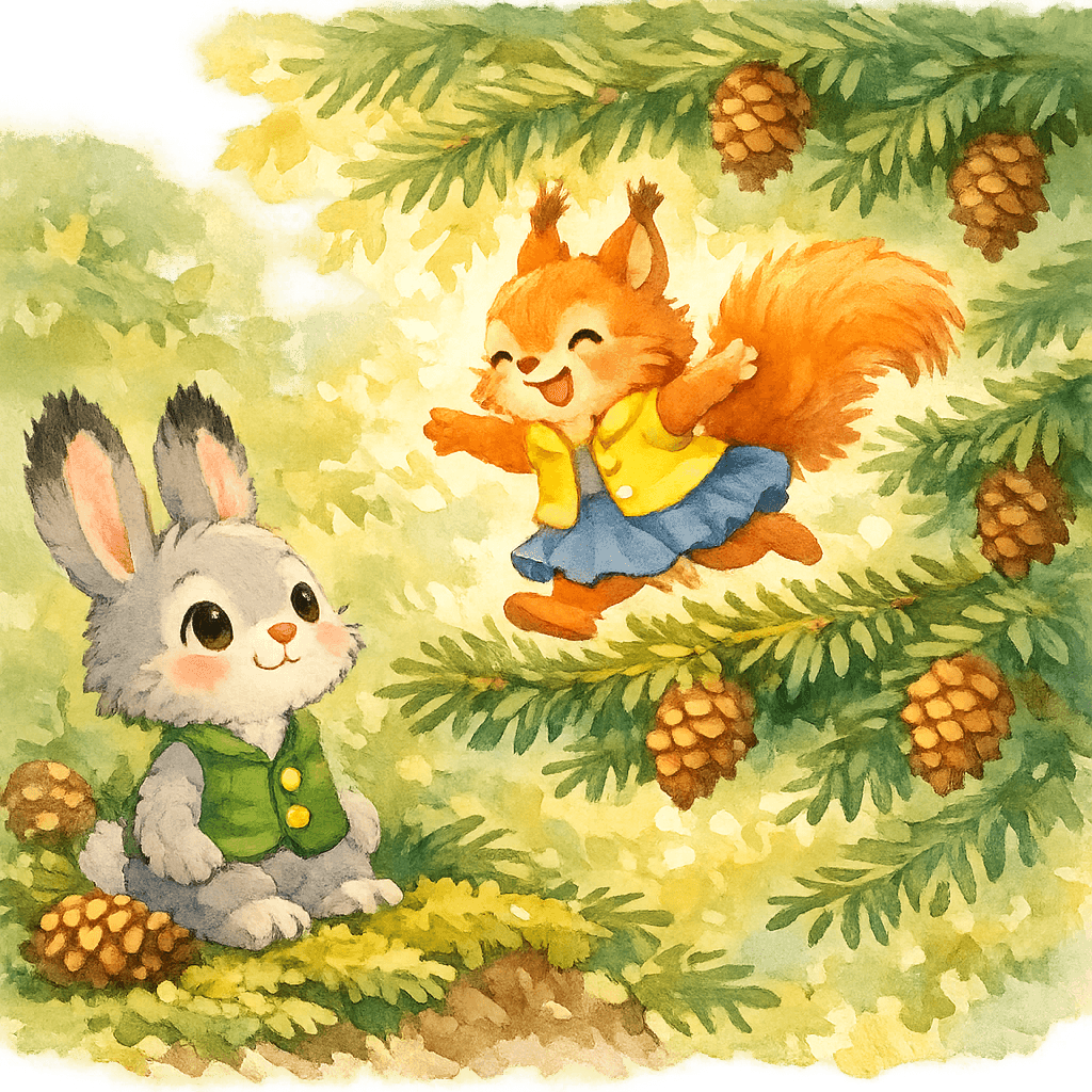 Русачок смотрит на прыгающую Белку