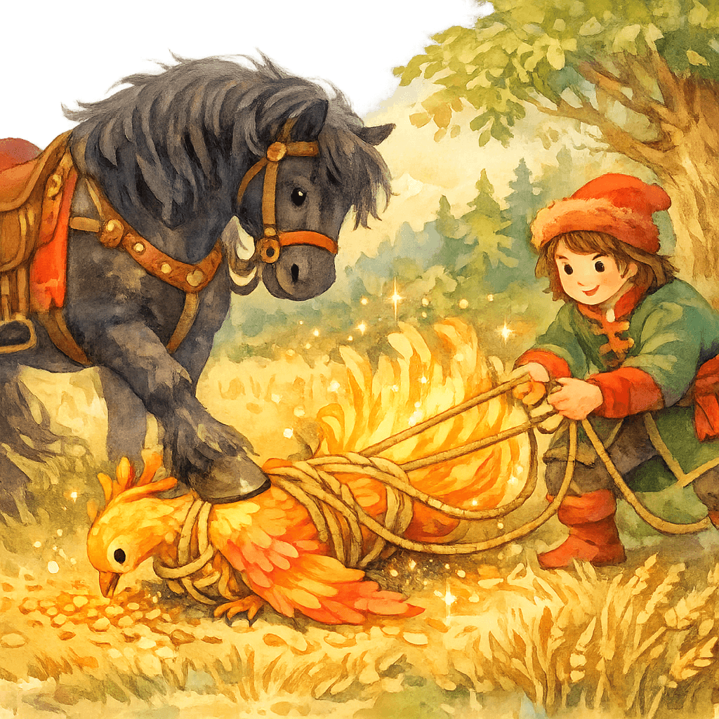 Конь прижимает крыло жар-птицы, а стрелец связывает ее