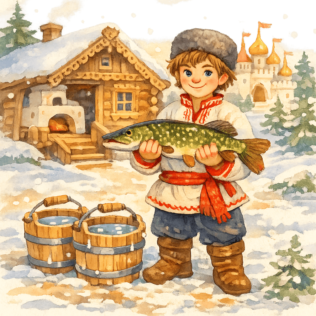 Емеля с волшебной щукой, ведра сами идут домой