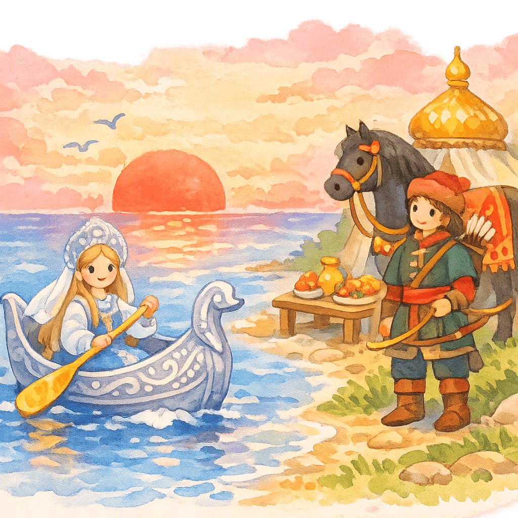 Василиса-царевна плывет по морю в серебряной лодочке с золотым веслом