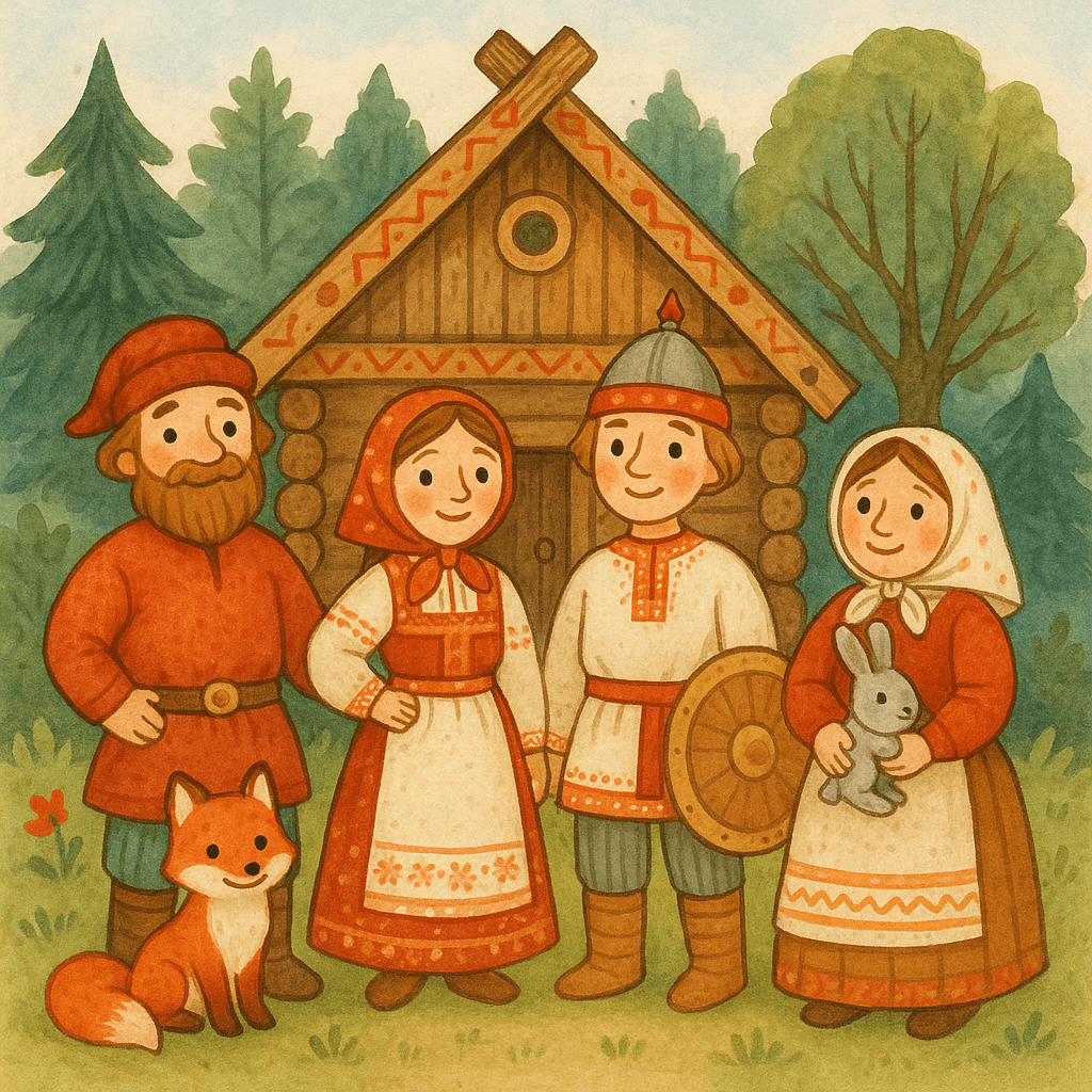 Русские народные герои и зверята у избы на фоне леса, народные костюмы, добрая и сказочная атмосфера.