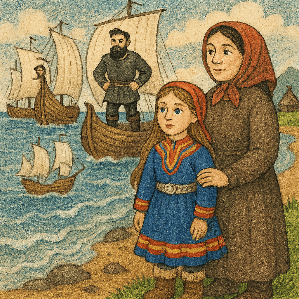 Девушка и мать смотрят на три белых корабля, приближающихся к берегу.