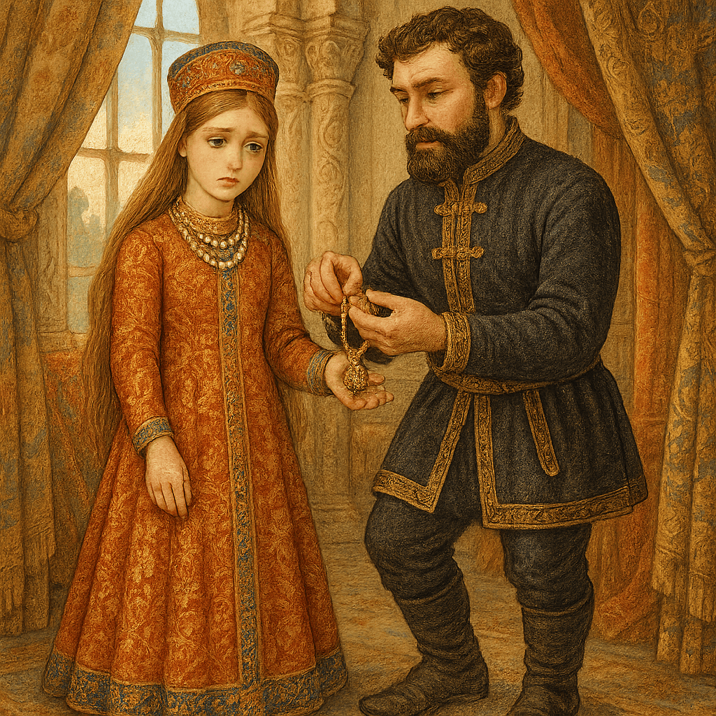 Чужеземец дарит девушке украшения в роскошной палате а она грустит.