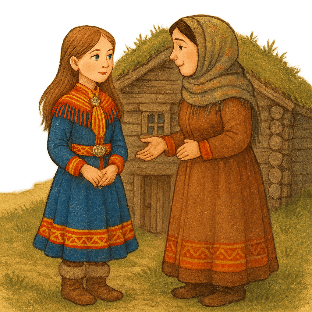 Саамская девушка рассказывает матери про свой сон рядом с вежой у моря.