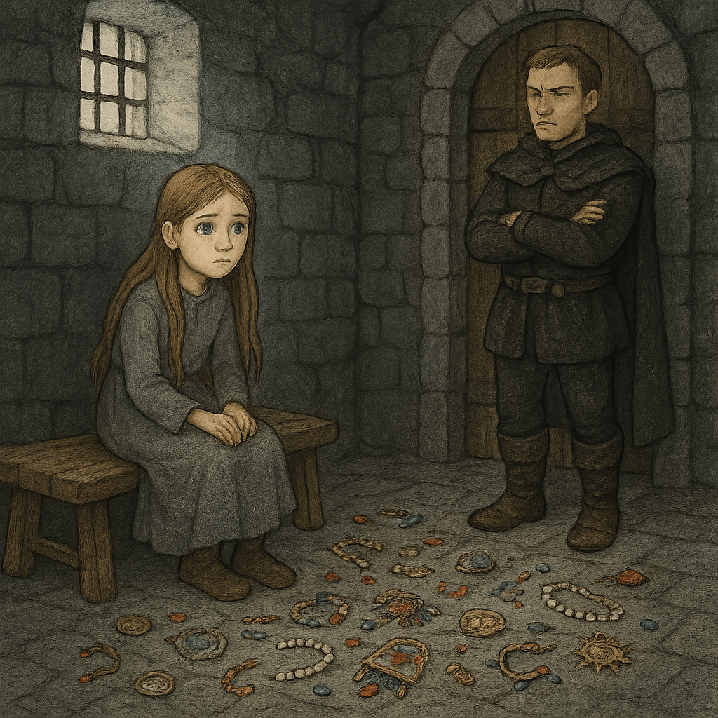 Девушка в темнице среди заморских диковин у двери стоит стражник.