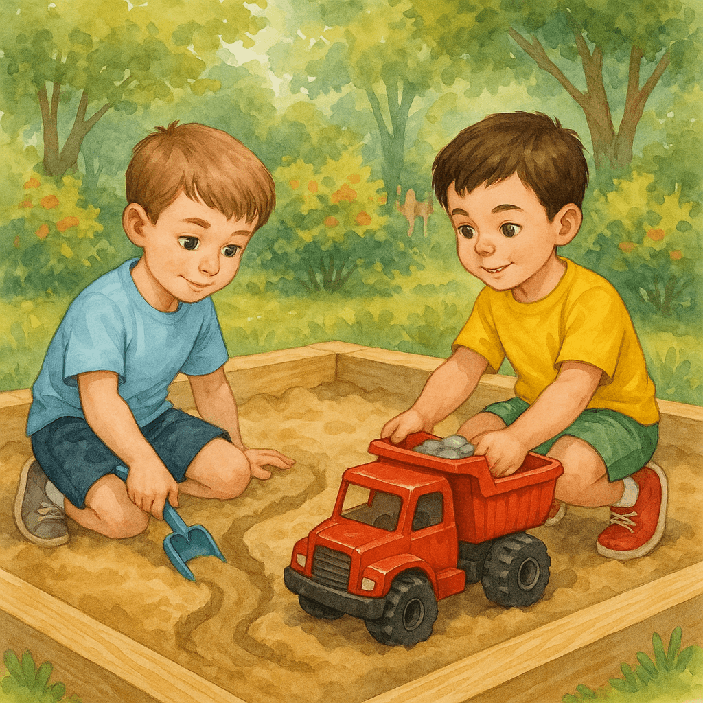 Миша строит дорогу, Саша возит камни в красном грузовике