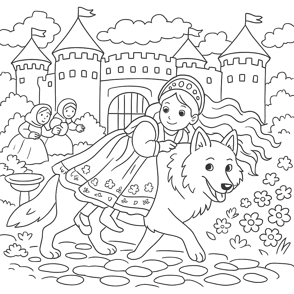 Раскраска по сказке "Иван-царевич и серый волк"