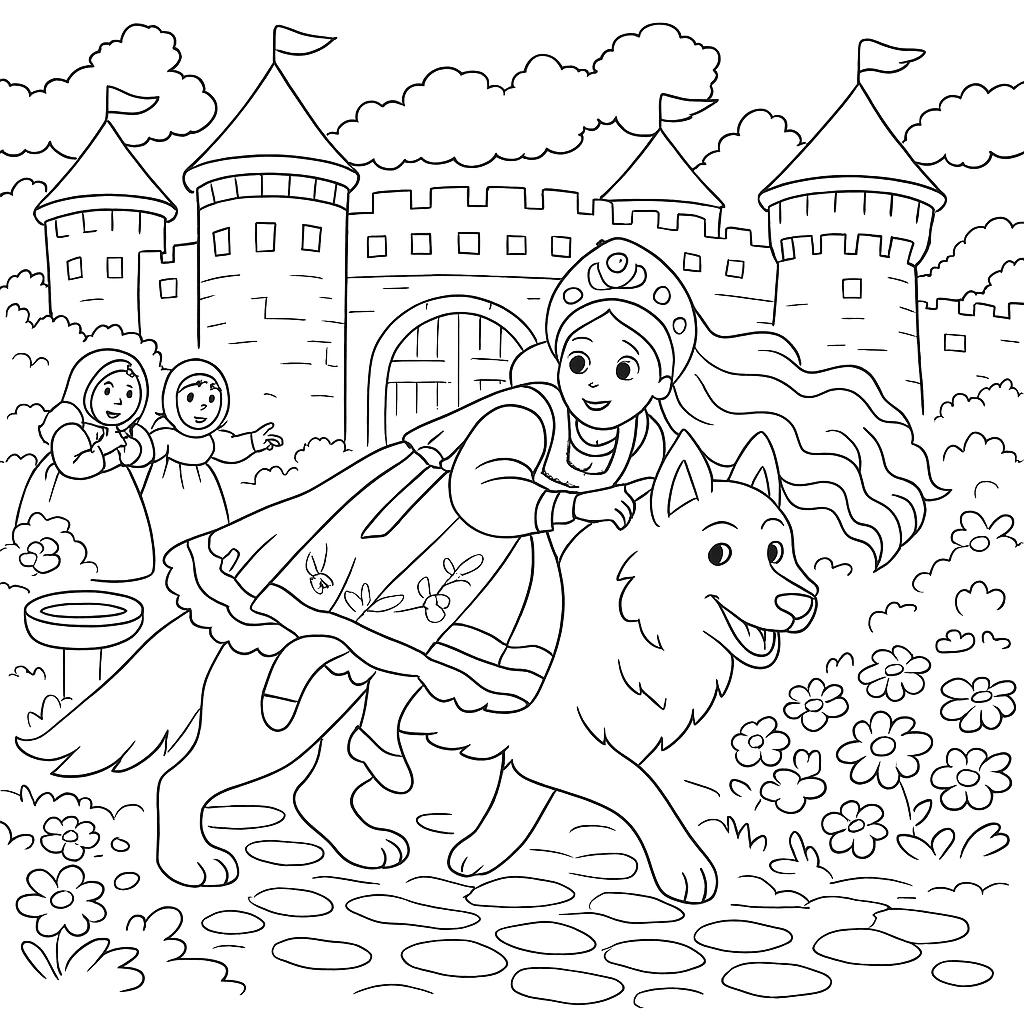 Раскраска по сказке "Иван-царевич и серый волк"