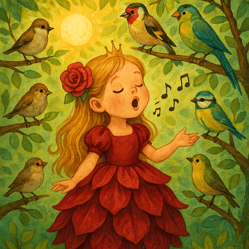 Принцесса поёт, а на ветках вокруг сидят и слушают птицы