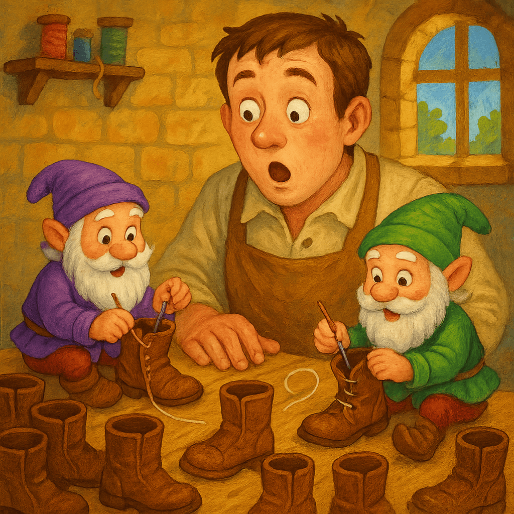 Сапожник наблюдает за работой человечков