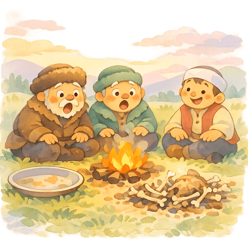 Зиннят-агай с довольным видом, пустое блюдо, удивленные Саранбай и Давлетбай