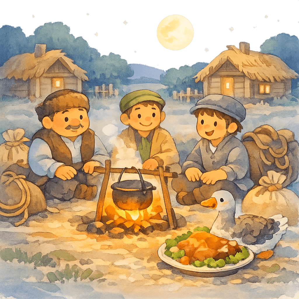 Путешественники у костра ночью, рядом блюдо с гусем, вокруг деревня