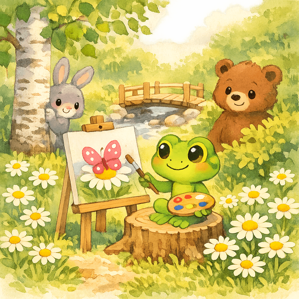 Прыг-Скок рисует бабочку на холсте; Зайчонок выглядывает, Медвежонок выходит из кустов