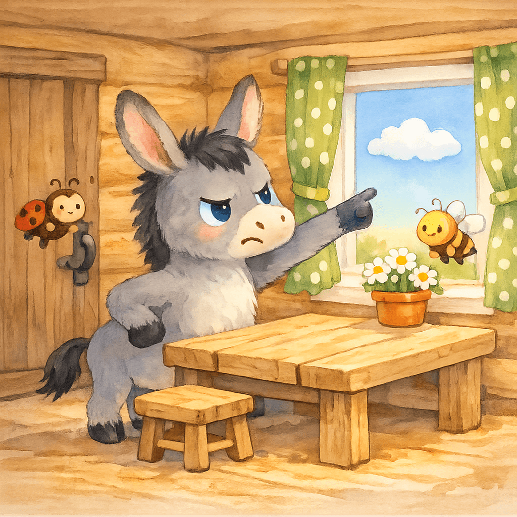 Упрямый ослик Алфавит спорит о погоде в своей бревенчатой комнате.