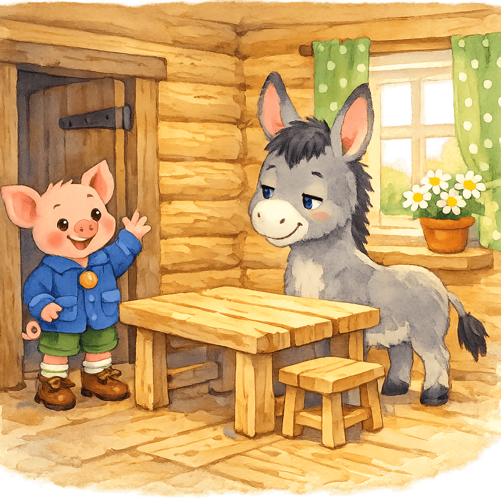 Поросёнок Кнопка заходит в домик ослика и начинает разговор.