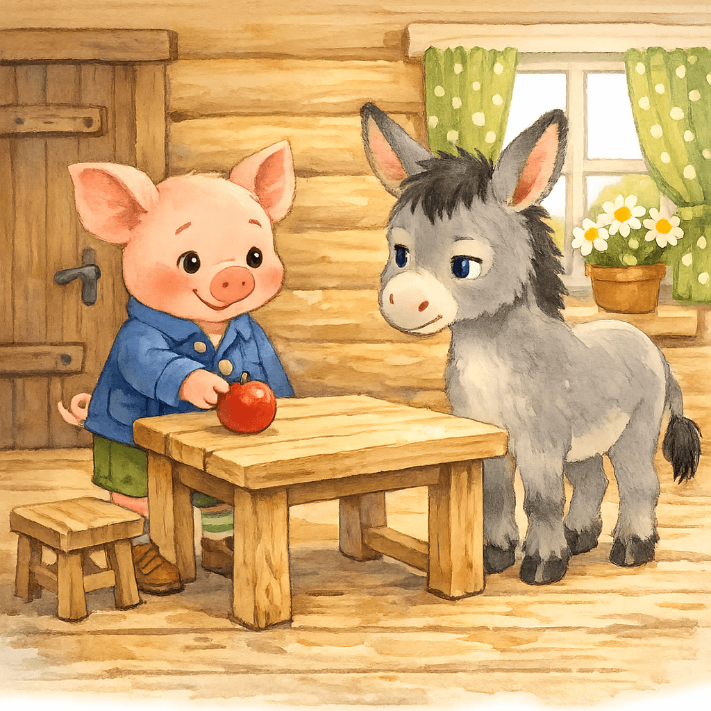 Кнопка достаёт яблоко из кармана и кладёт его на стол перед осликом.