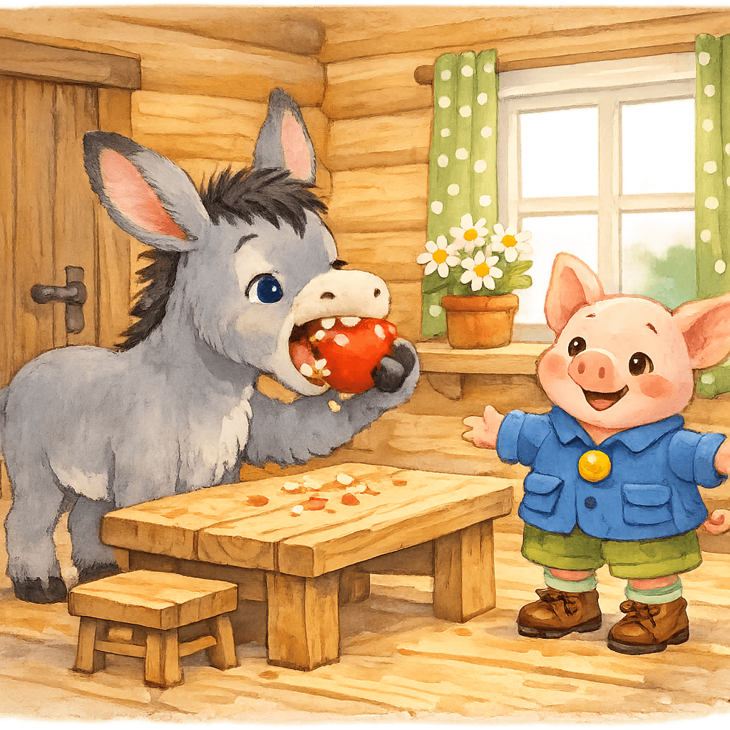 Ослик хватает яблоко зубами и ест; Кнопка радуется удаче.