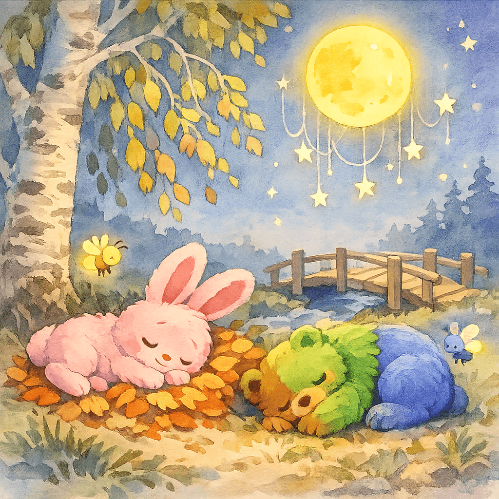 Ночная опушка: Зайчонок и Медвежонок спят под луной
