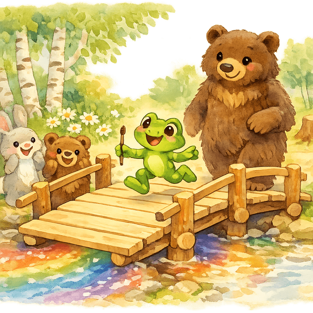 Починенный мостик: разноцветный ручеёк, Прыг-Скок и Медведица идут по мосту