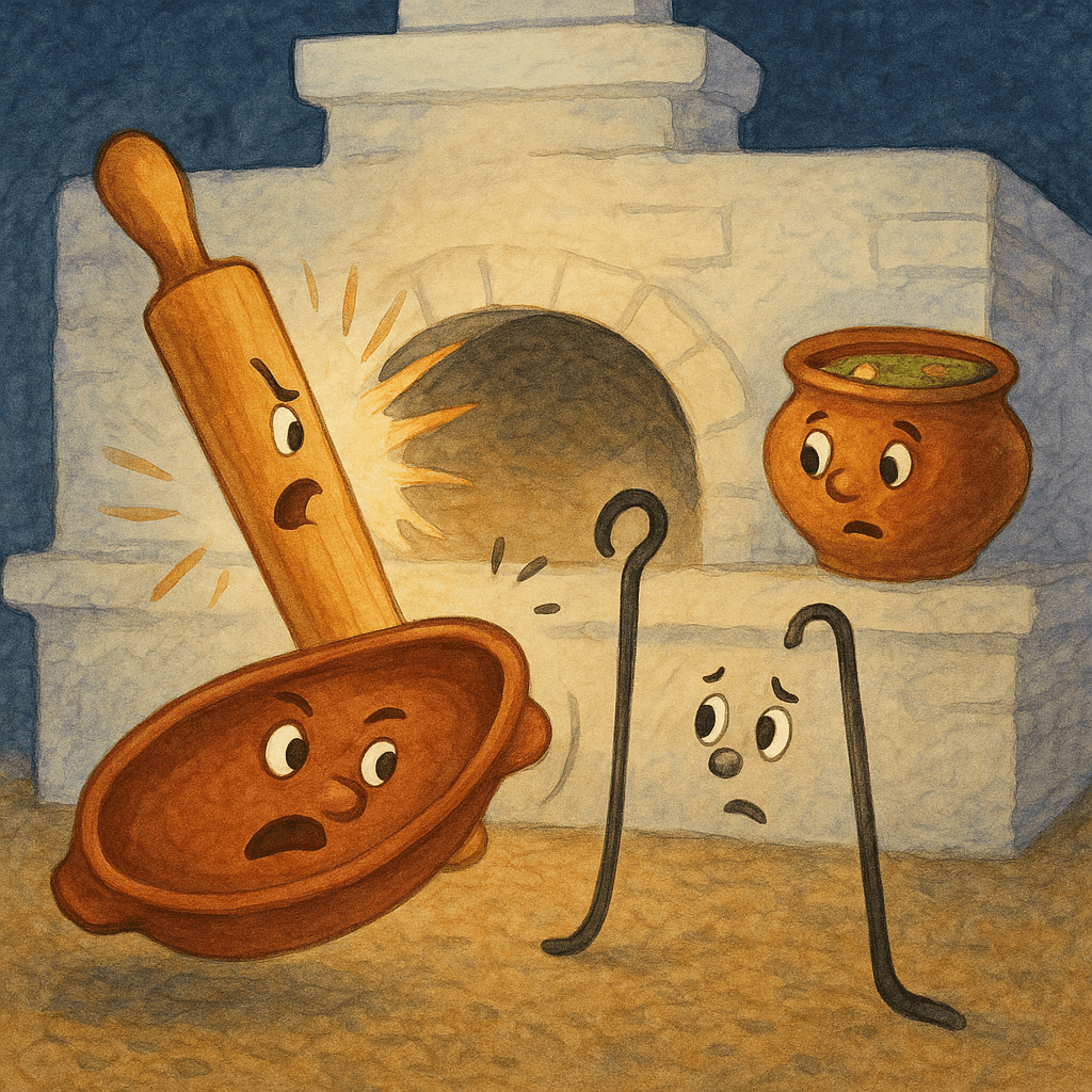 Скалка пытается ударить противень, кочерга в растерянности