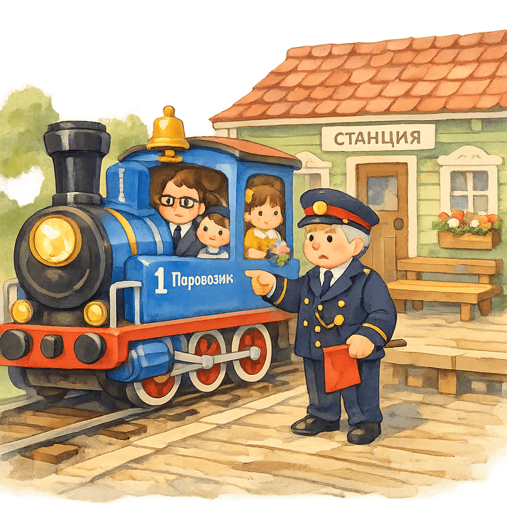 Начальник станции строго говорит паровозику у станционного домика; пассажиры выглядывают из окон.