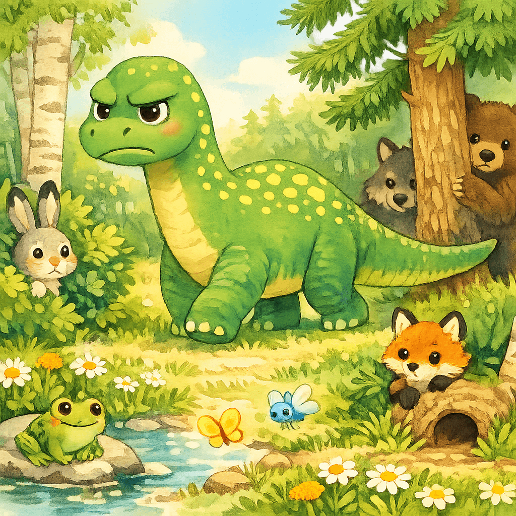 Хмурый Динозавр идёт по поляне, звери прячутся