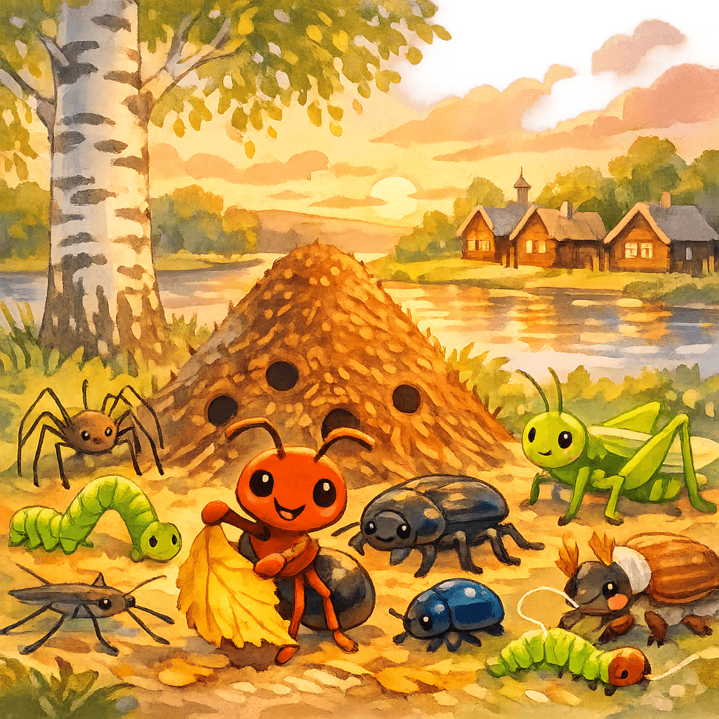 Муравьишка и его помощники на фоне берёзы, муравейника, реки и деревни, в тёплом закатном свете.