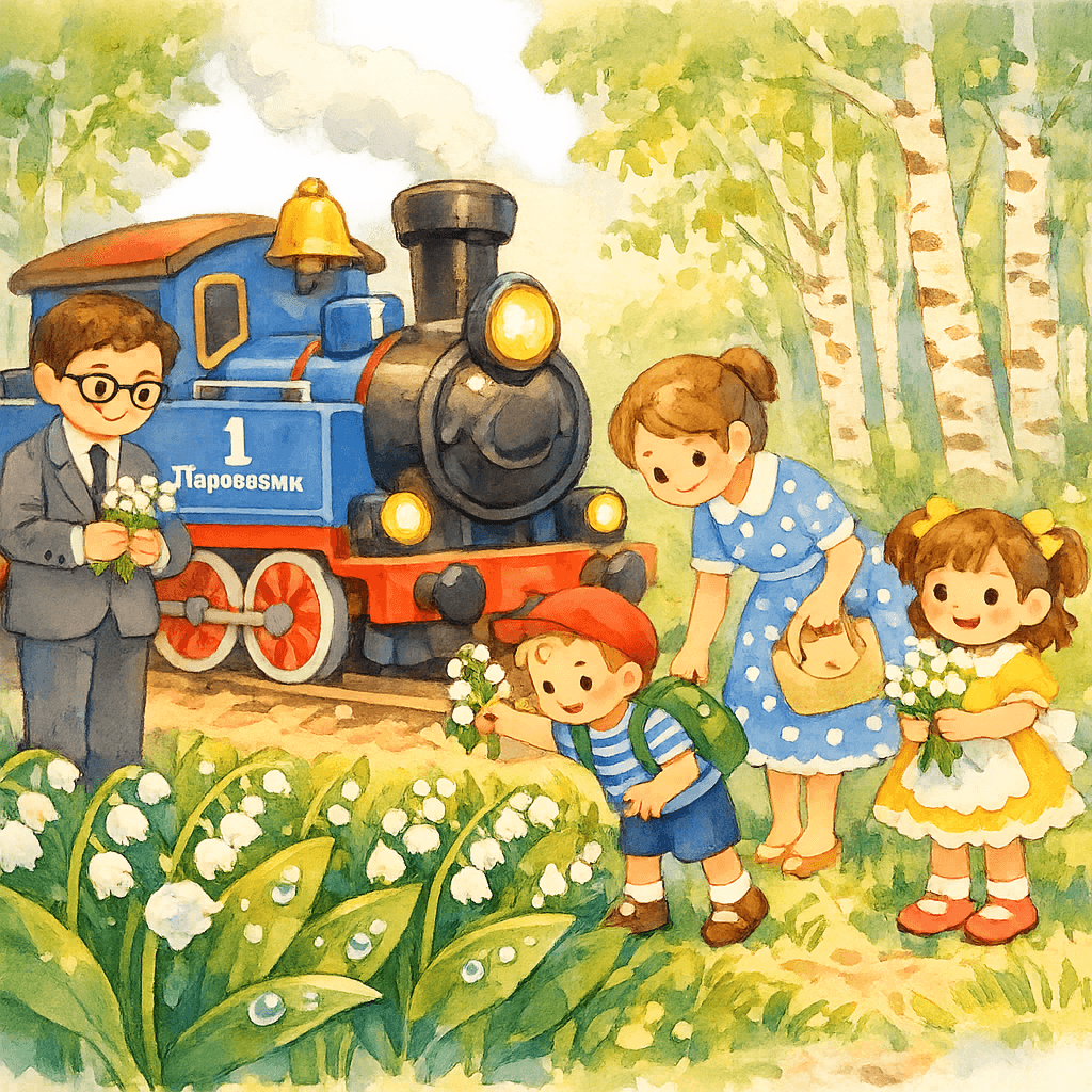 Пассажиры вместе с паровозиком собирают первые ландыши на лесной поляне.