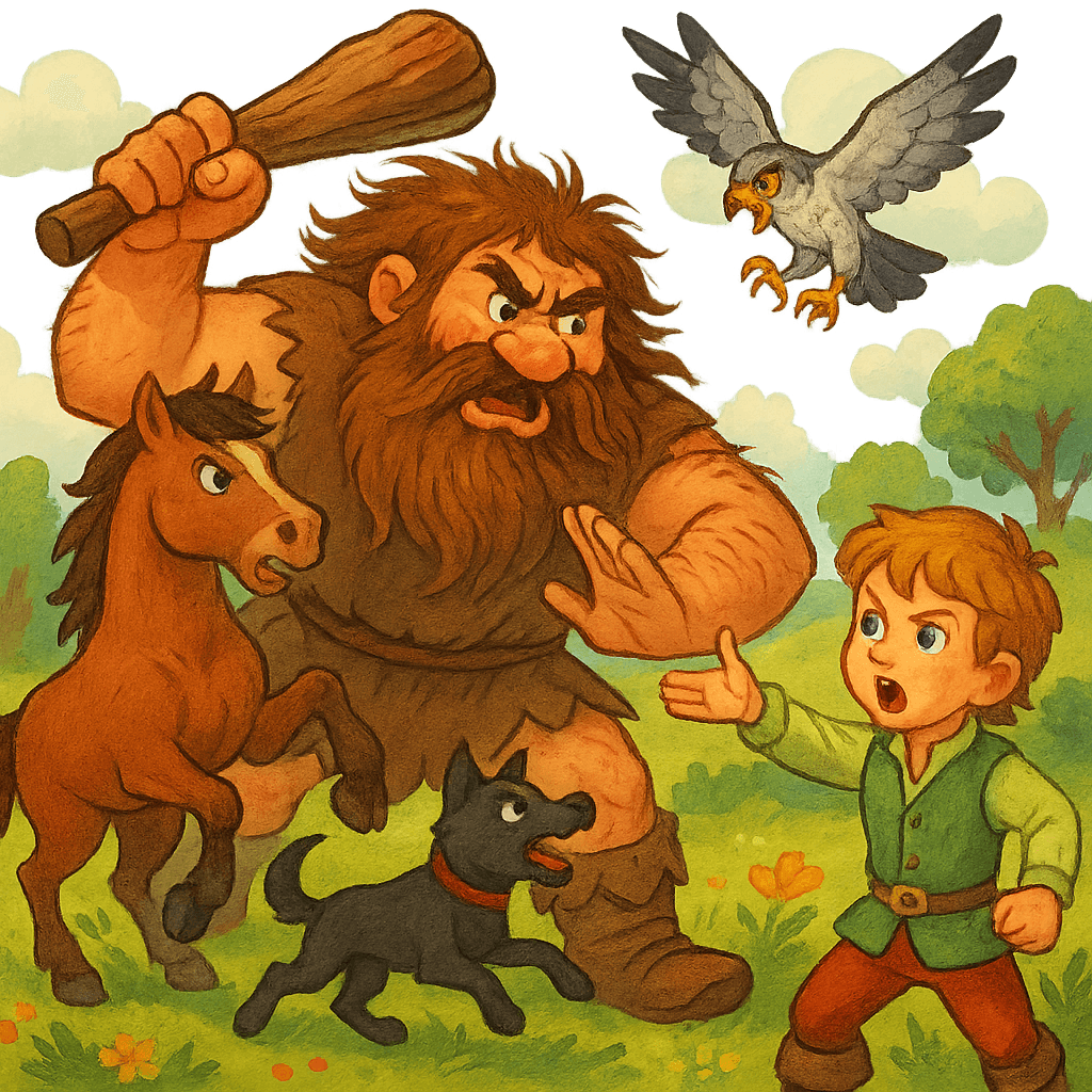 Младший брат, его конь, собака и сокол побеждают великана.