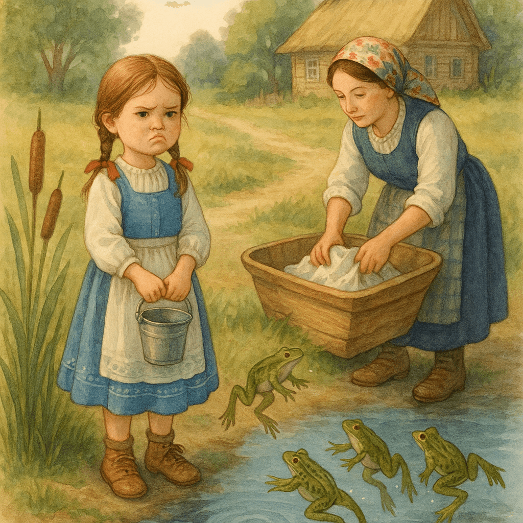 Аришка боится лягушек у пруда