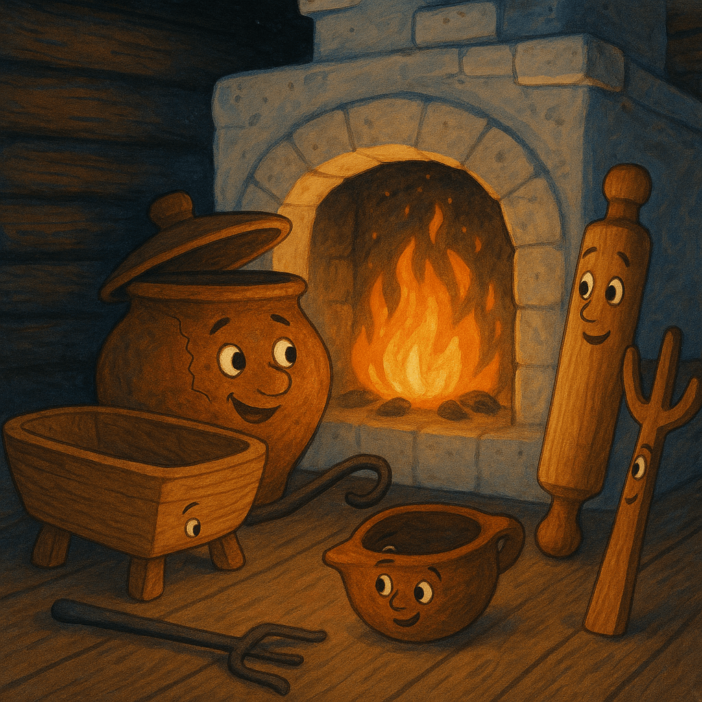 Горшок и кухонная утварь оживают и разговаривают ночью у печки