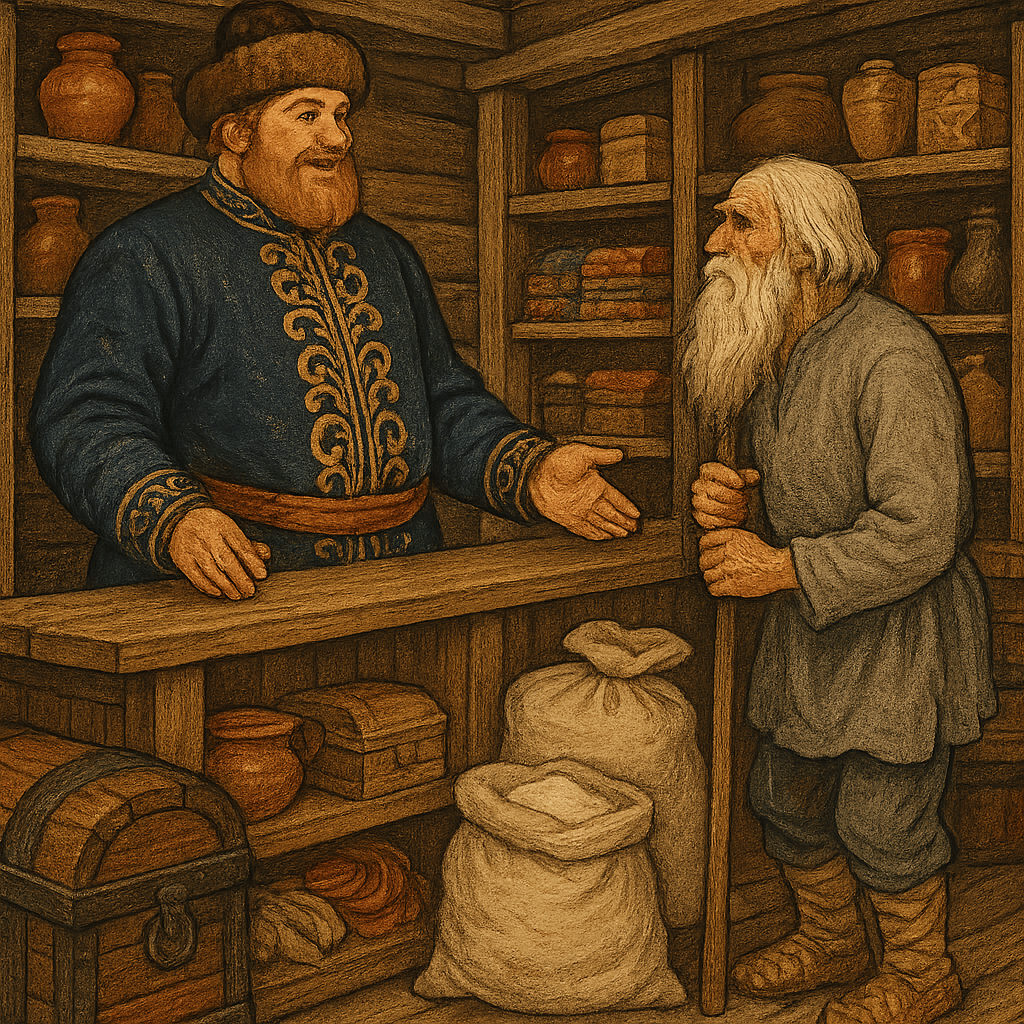 Старик просит у толстого купца мешок муки в лавке.