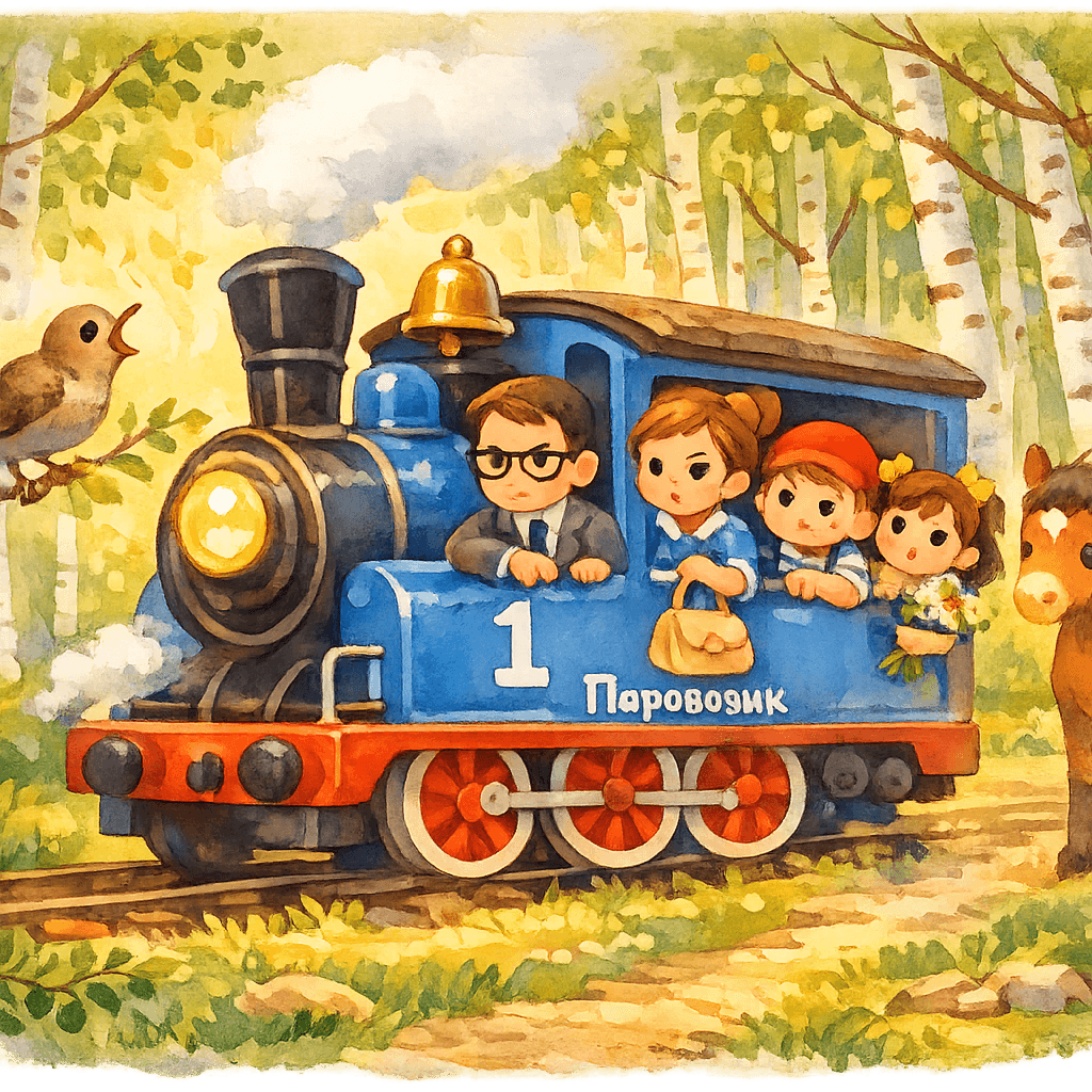 Паровозик слушает соловья в берёзовой роще, пассажиры возмущённо выглядывают из окон.