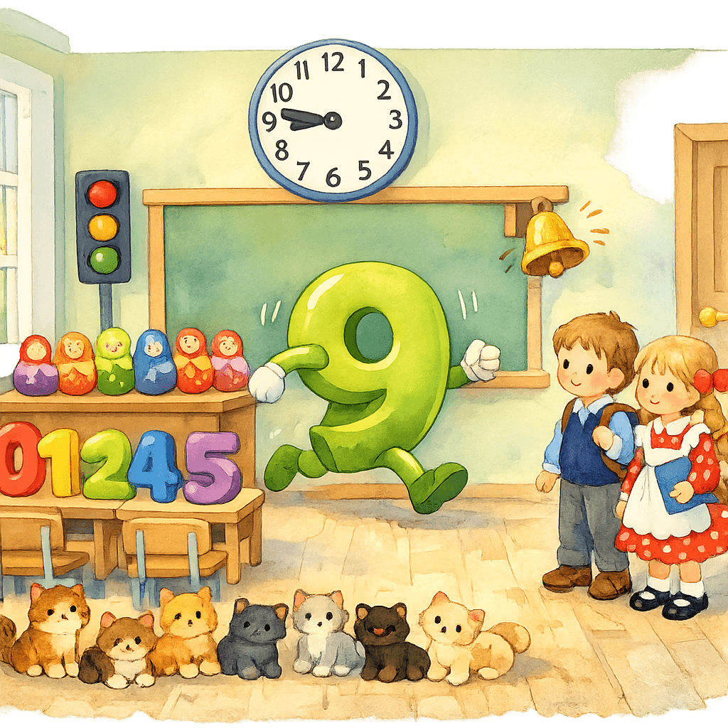 Девятка и часы: без десяти девять, звонок к уроку.