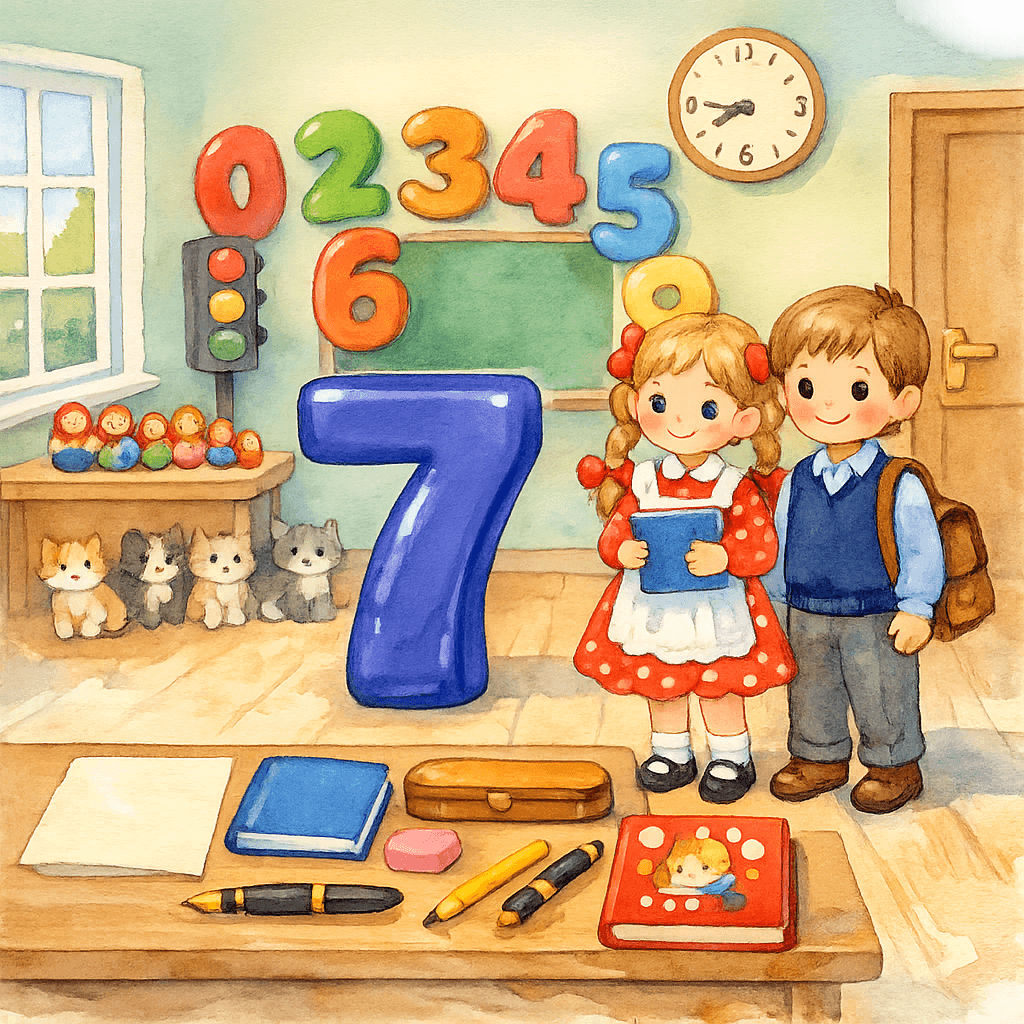 Семёрка и семь школьных вещей из портфеля на парте.