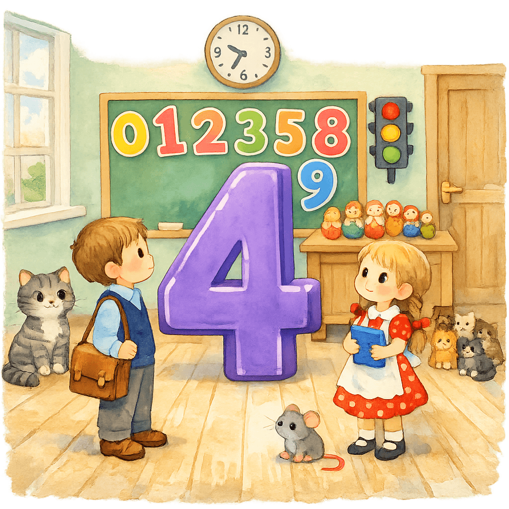Четвёрка и предметы «на четырёх», с кошкой и мышкой в классе.